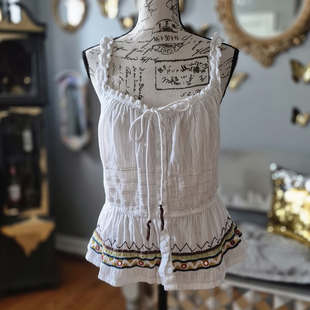 Boho Granola White Embroidered Women's Top Medium